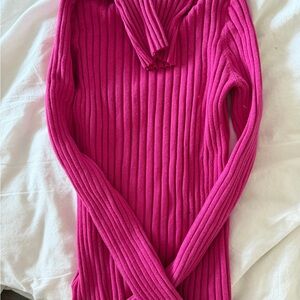 Ribbed Cowl Neck Sweater in Bright Pink
